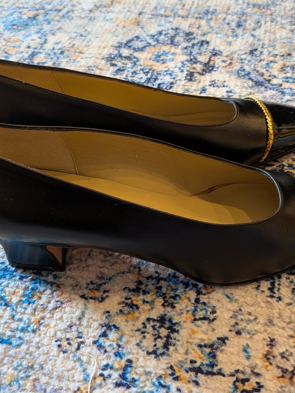 Talbot's Black Leather Low Heel Pumps with Gold Trim